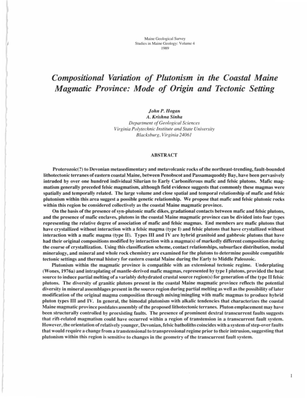 Compositional Variation of Plutonism in the Coastal Maine Magmatic Province: Mode of Origin and Tectonic Setting