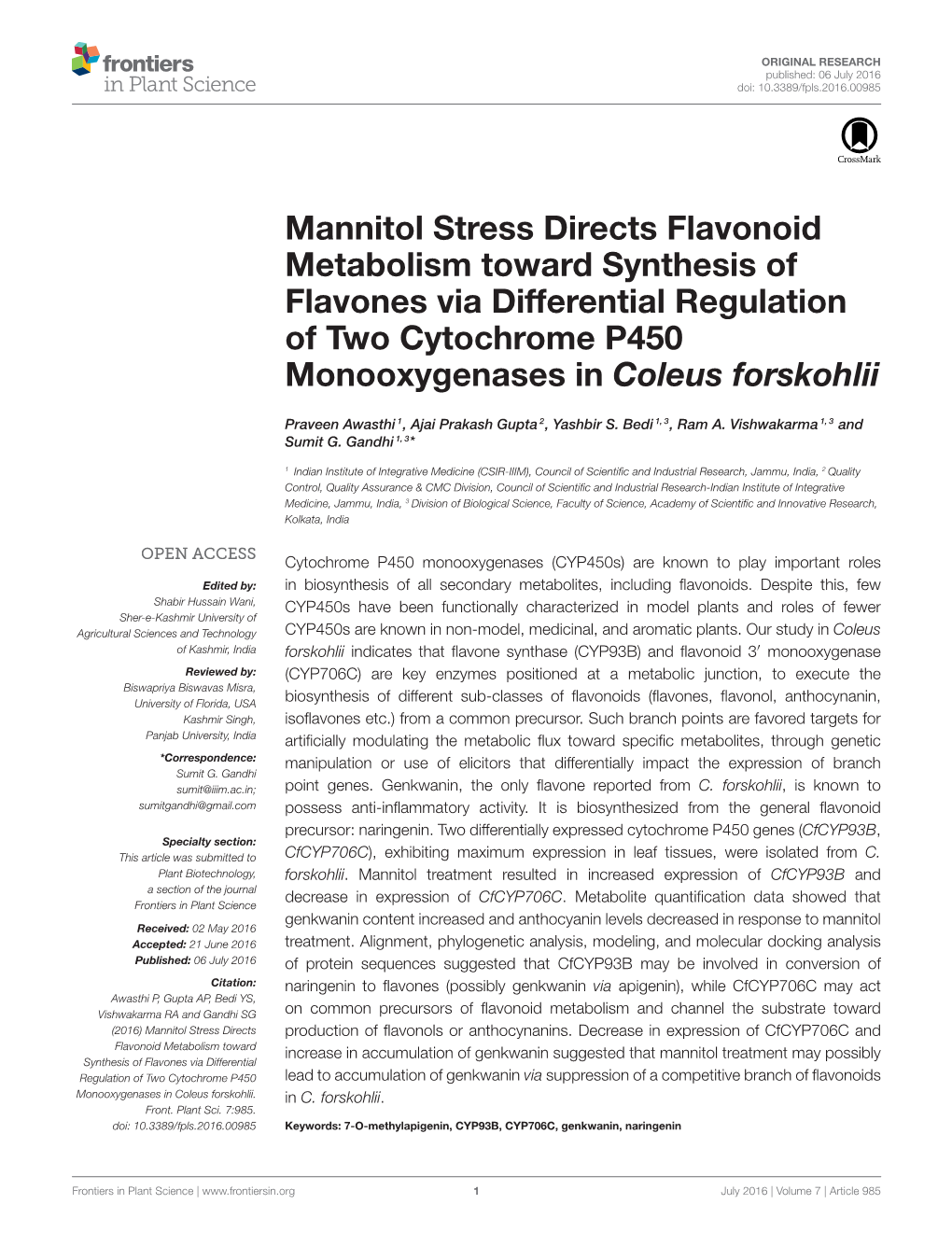 Mannitol Stress Directs Flavonoid Metabolism Toward Synthesis of Flavones Via Differential Regulation of Two Cytochrome P450 Monooxygenases in Coleus Forskohlii