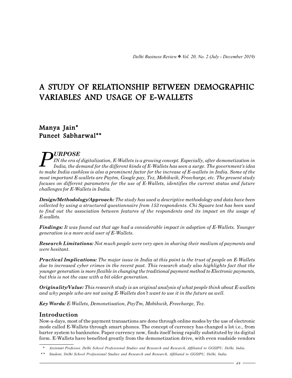 A Study of Relationship Between Demographic Variables and Usage of E-Wallets