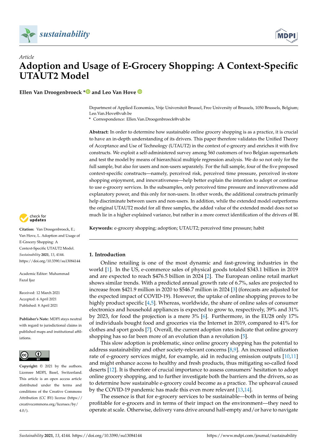 Adoption and Usage of E-Grocery Shopping: a Context-Specific