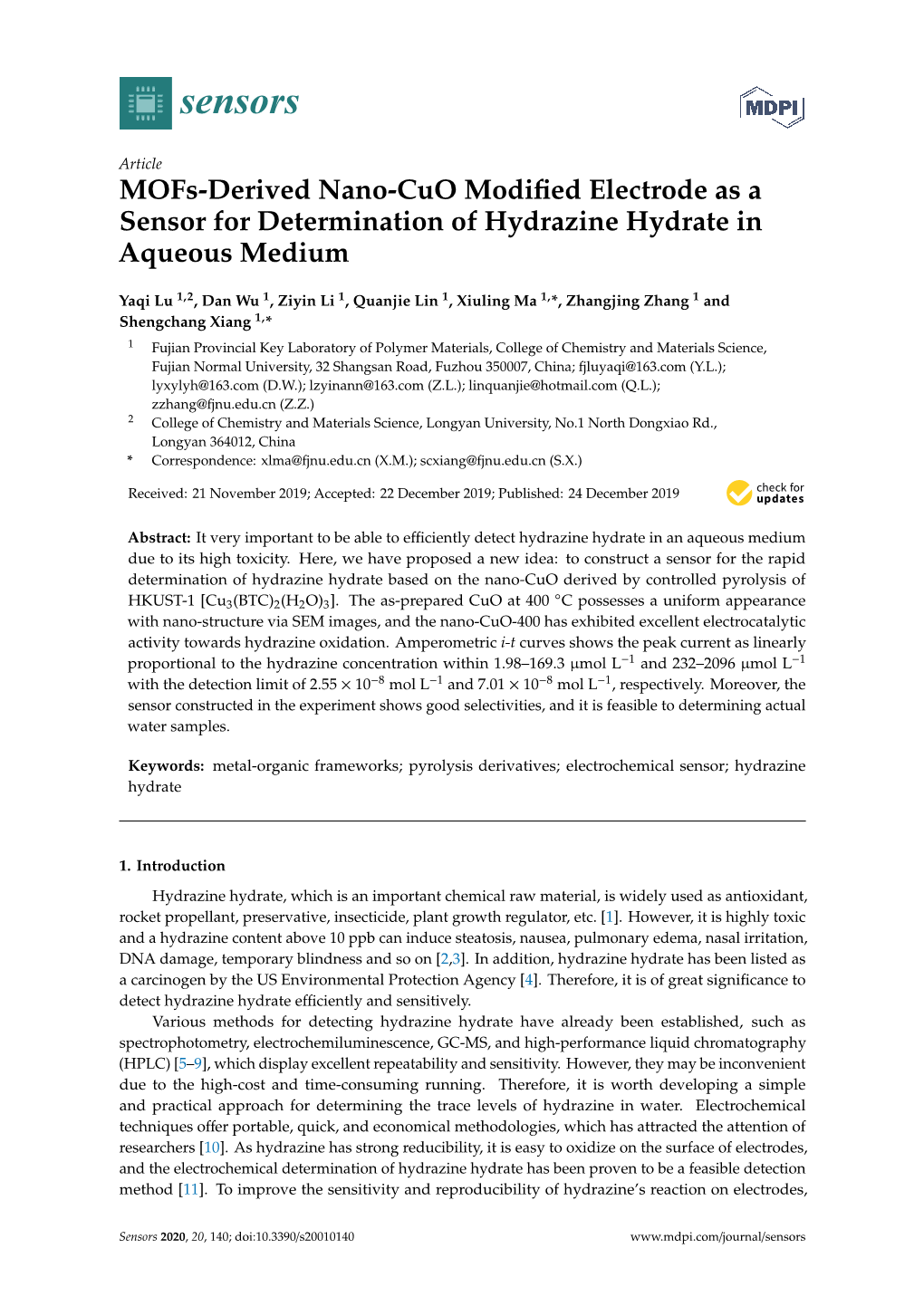 Mofs-Derived Nano-Cuo Modified Electrode As a Sensor For