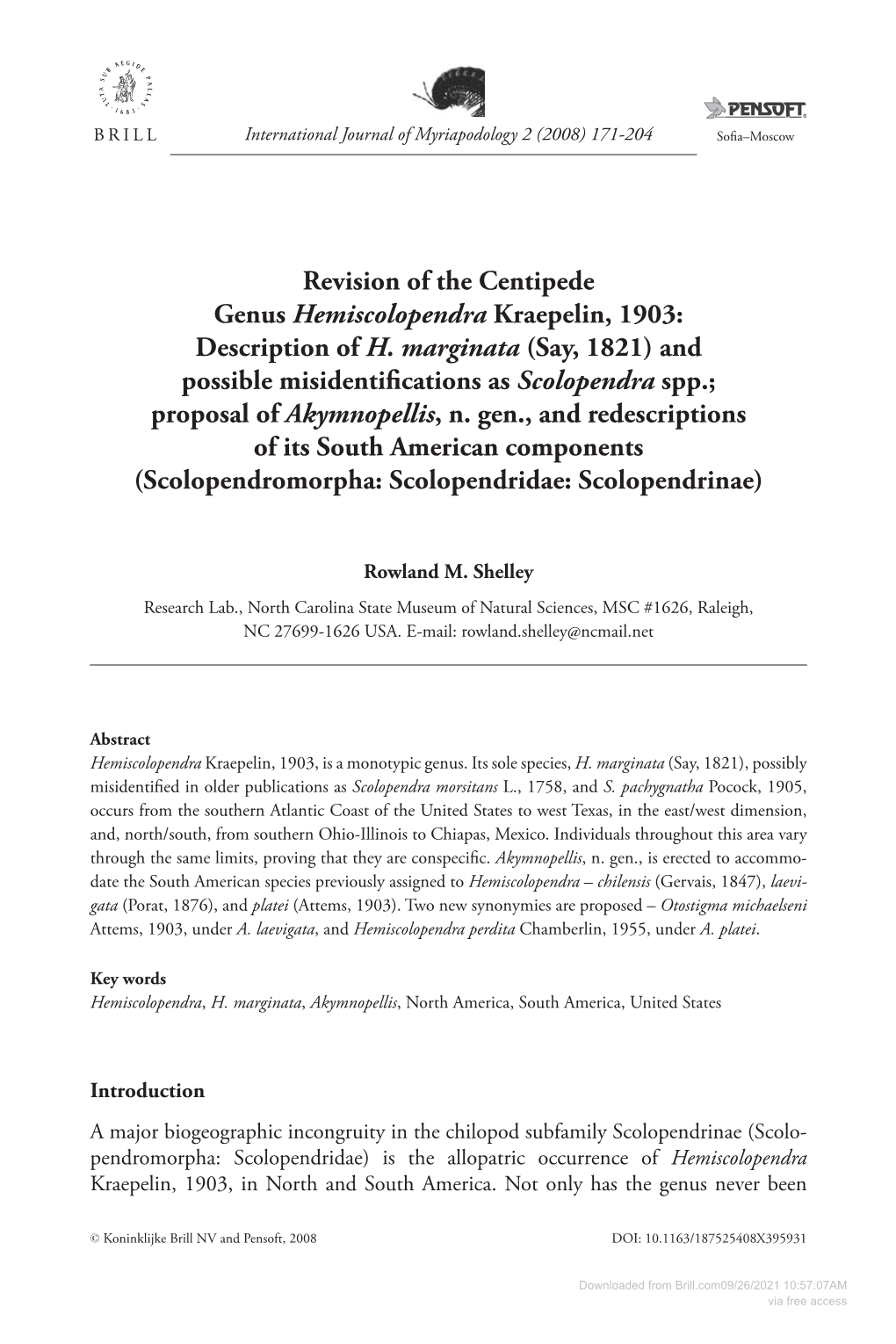 Revision of the Centipede Genus &lt;I&gt;Hemiscolopendra&lt;/I&gt;