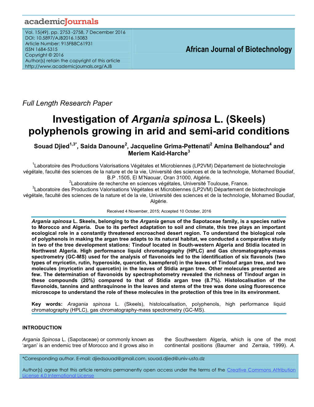 Investigation of Argania Spinosa L. (Skeels) Polyphenols Growing in Arid and Semi-Arid Conditions