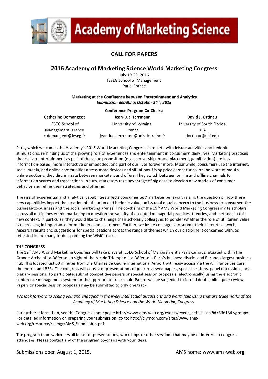 CALL for PAPERS 2016 Academy of Marketing Science World