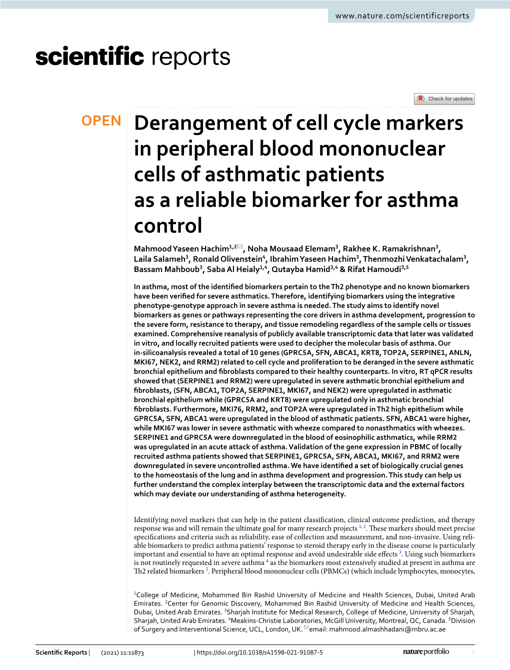 Derangement of Cell Cycle Markers in Peripheral Blood Mononuclear Cells