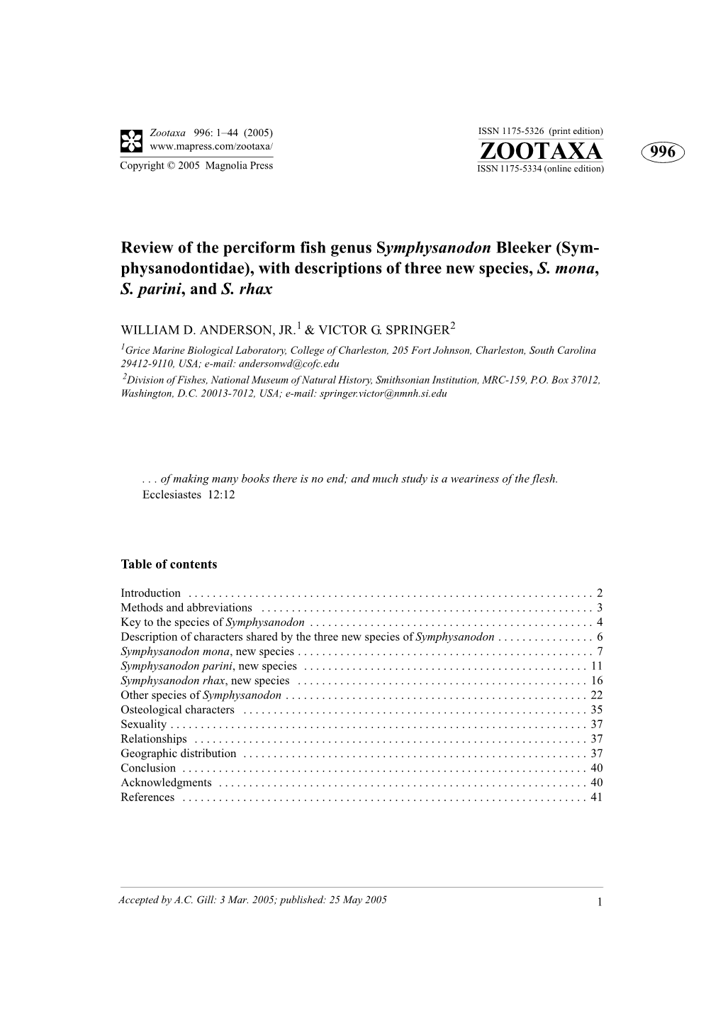 Zootaxa 996: 1–44 (2005) ISSN 1175-5326 (Print Edition) ZOOTAXA 996 Copyright © 2005 Magnolia Press ISSN 1175-5334 (Online Edition)