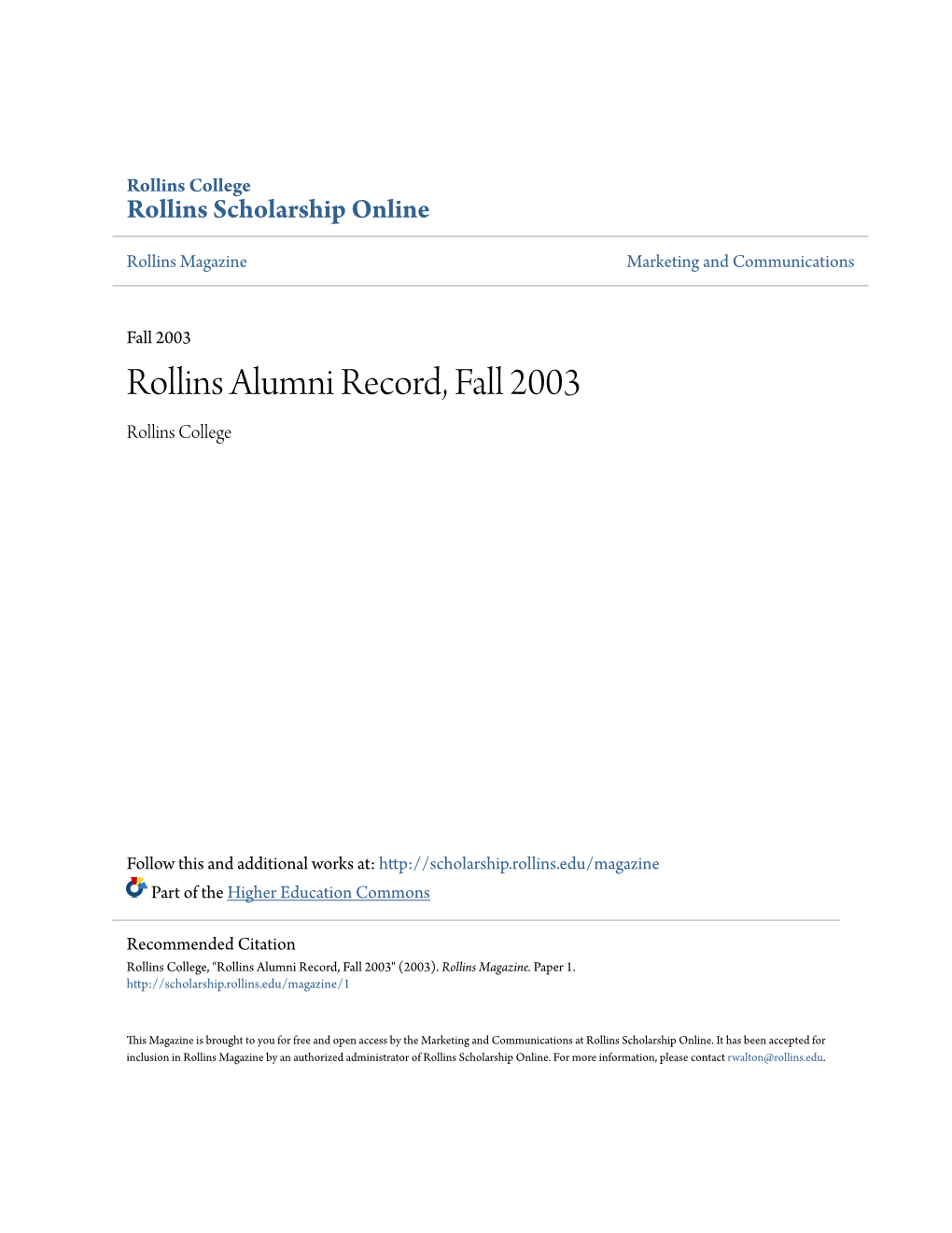 Rollins Alumni Record, Fall 2003 Rollins College