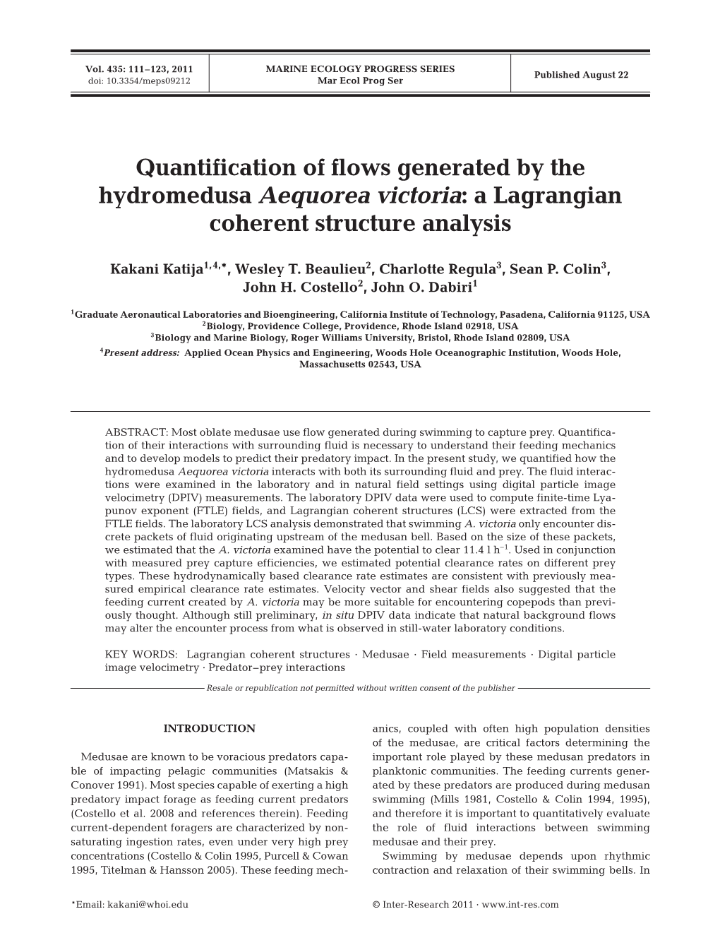 Quantification of Flows Generated by the Hydromedusa Aequorea Victoria: a Lagrangian Coherent Structure Analysis