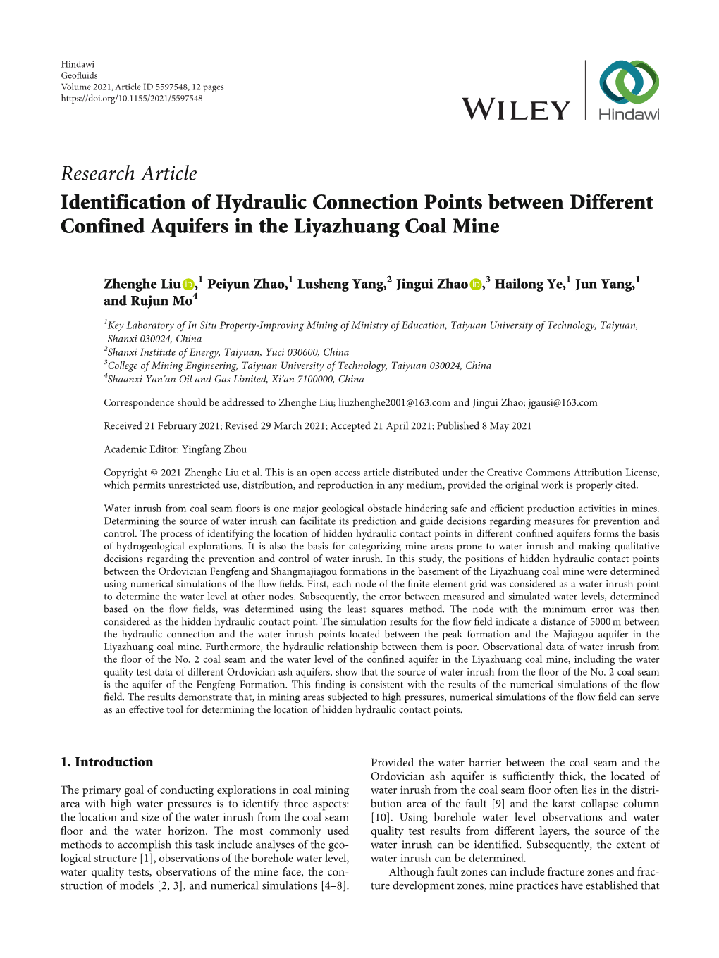 Identification of Hydraulic Connection Points Between Different Confined Aquifers in the Liyazhuang Coal Mine