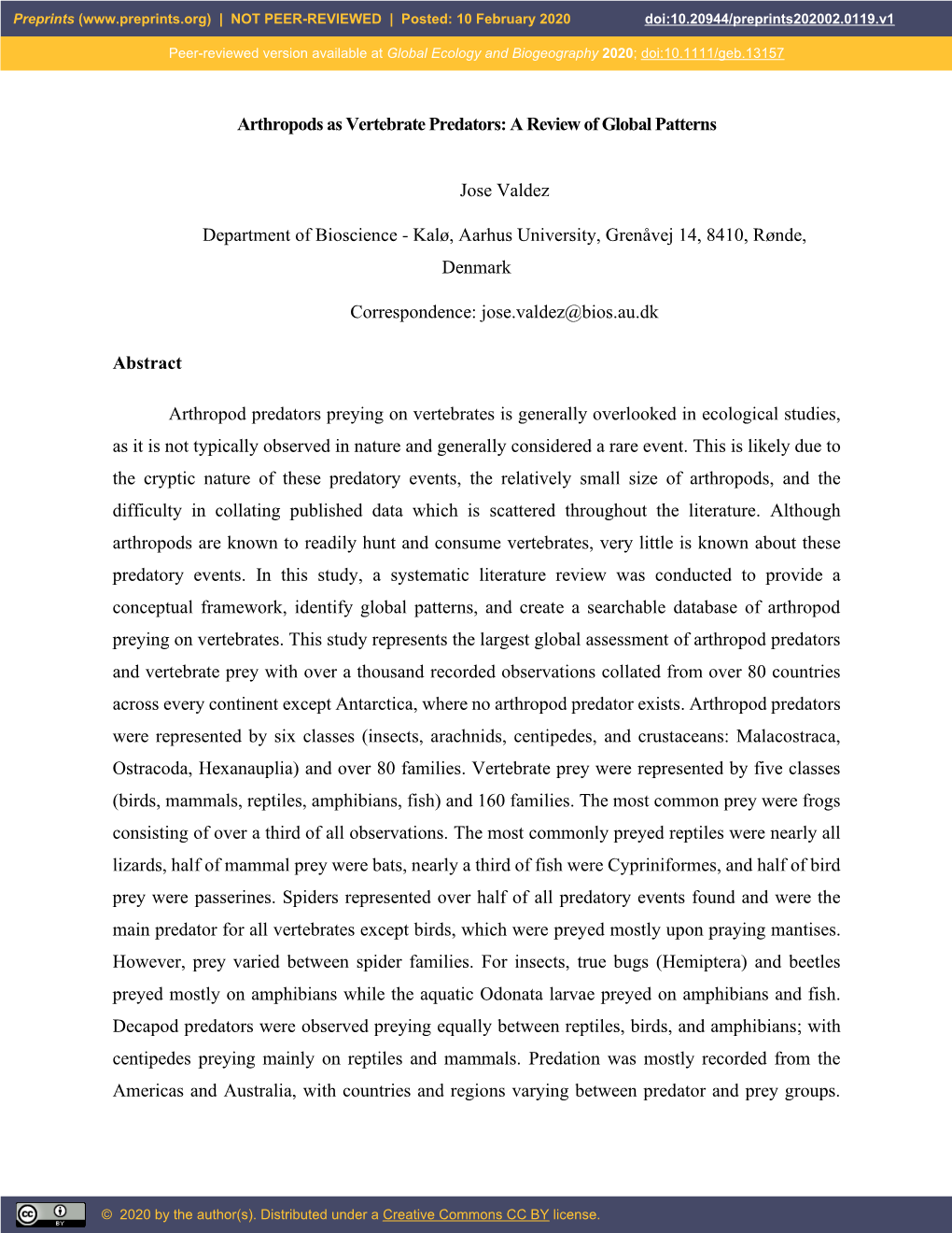 Arthropods As Vertebrate Predators: a Review of Global Patterns