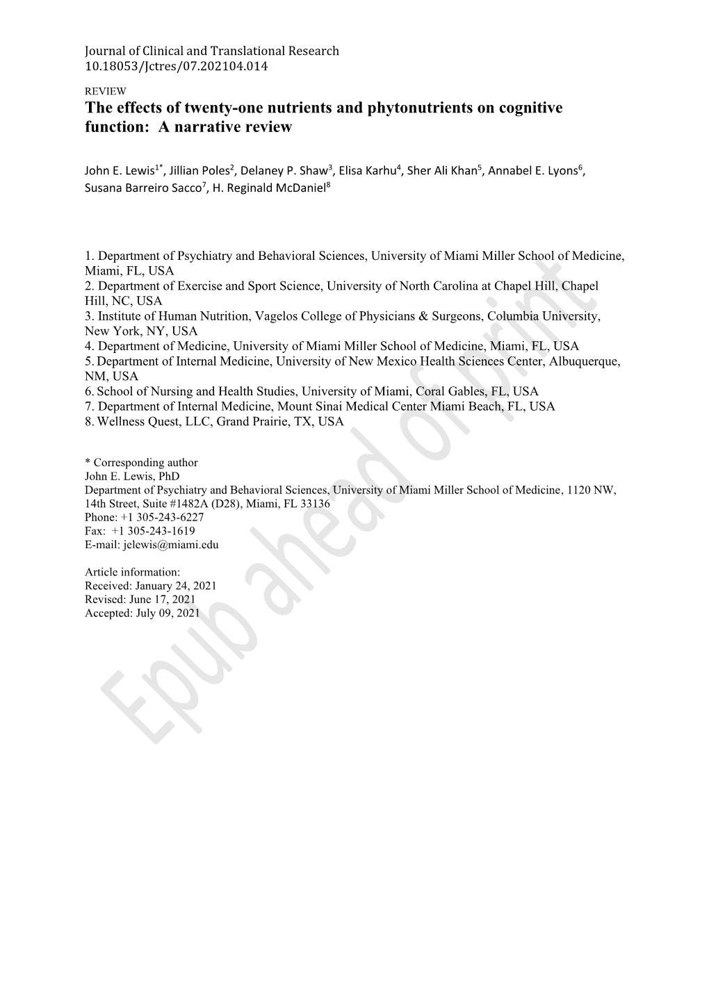 The Effects of Twenty-One Nutrients and Phytonutrients on Cognitive Function: a Narrative Review