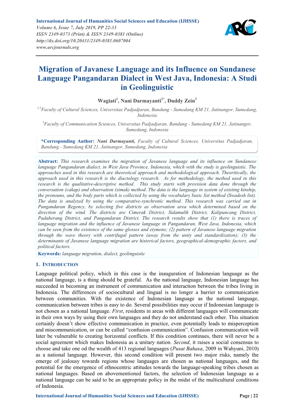 Migration of Javanese Language and Its Influence on Sundanese Language Pangandaran Dialect in West Java, Indonesia: a Studi in Geolinguistic