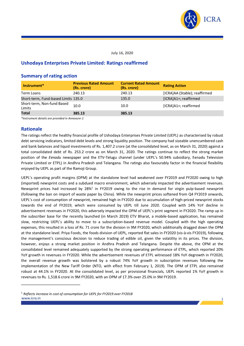 Ushodaya Enterprises Private Limited: Ratings Reaffirmed