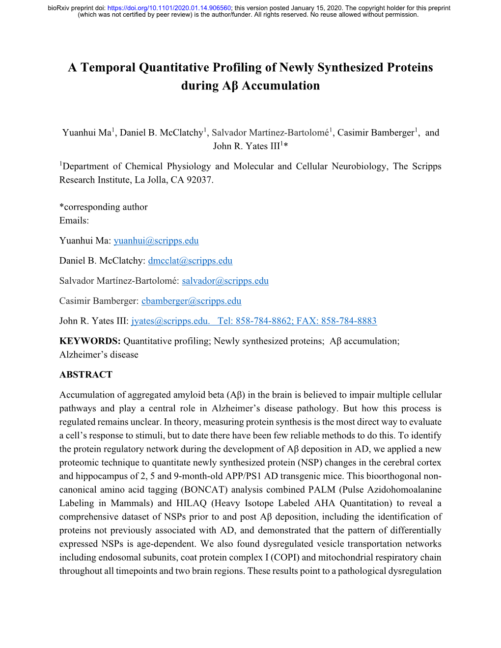 A Temporal Quantitative Profiling of Newly Synthesized Proteins During Aβ Accumulation