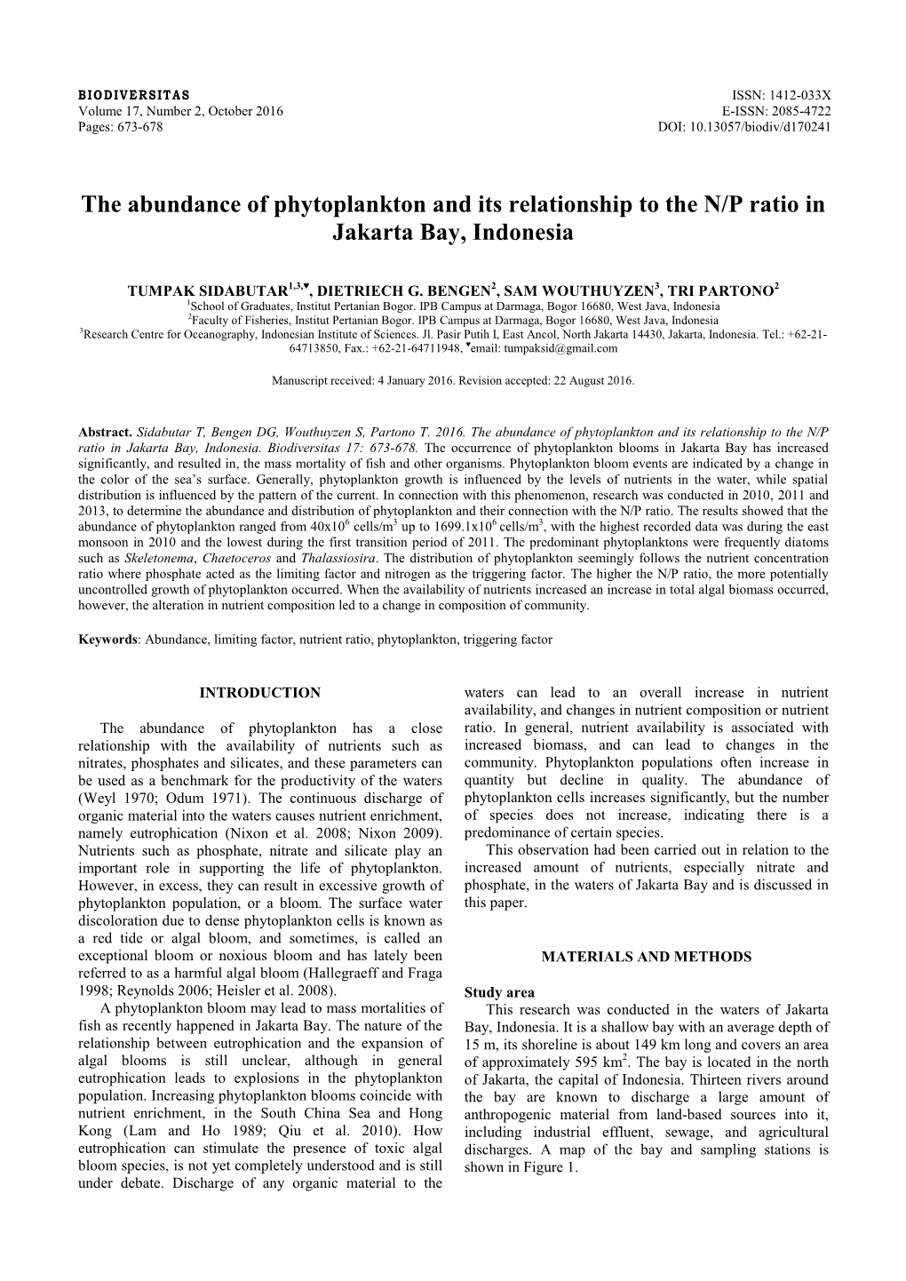 The Abundance of Phytoplankton and Its Relationship to the N/P Ratio in Jakarta Bay, Indonesia