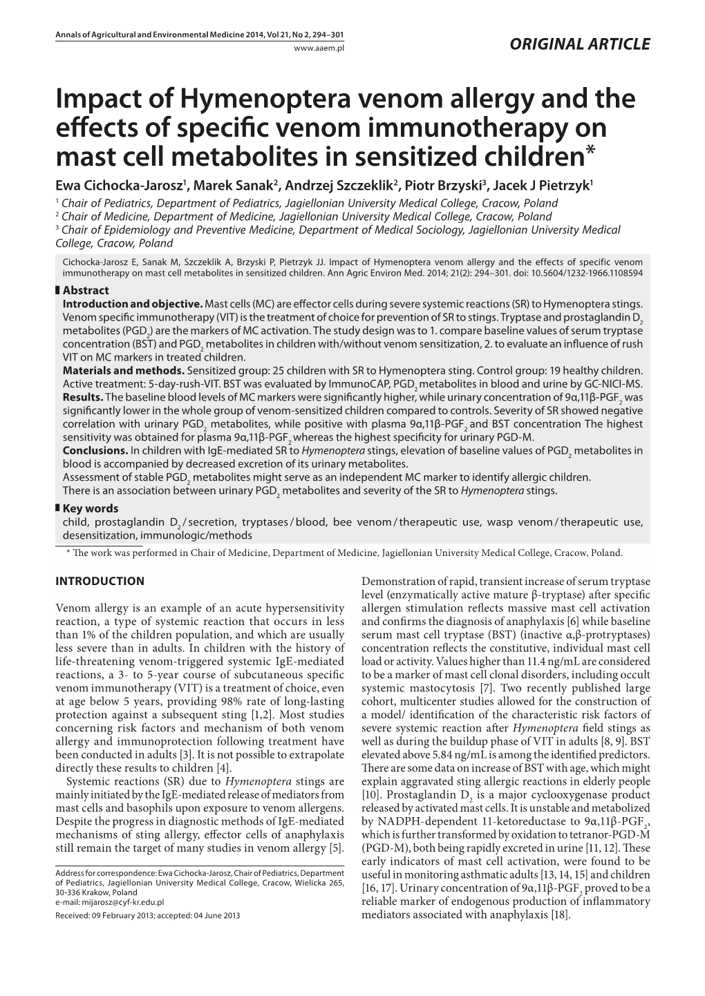 Impact of Hymenoptera Venom Allergy and the Effects of Specific Venom Immunotherapy on Mast Cell Metabolites in Sensitized Children