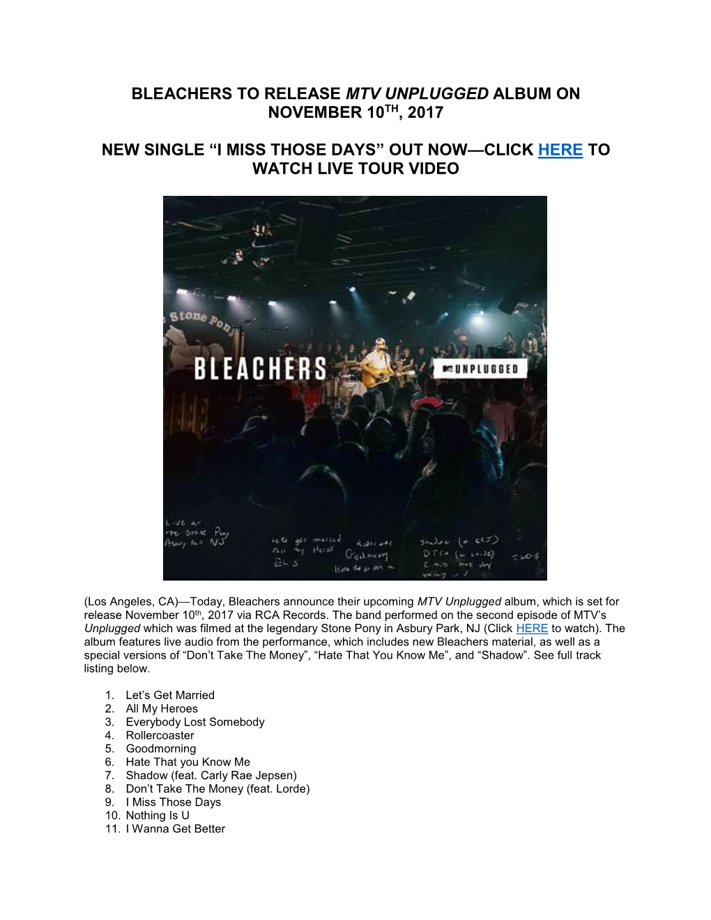 Bleachers to Release Mtv Unplugged Album on November 10Th, 2017