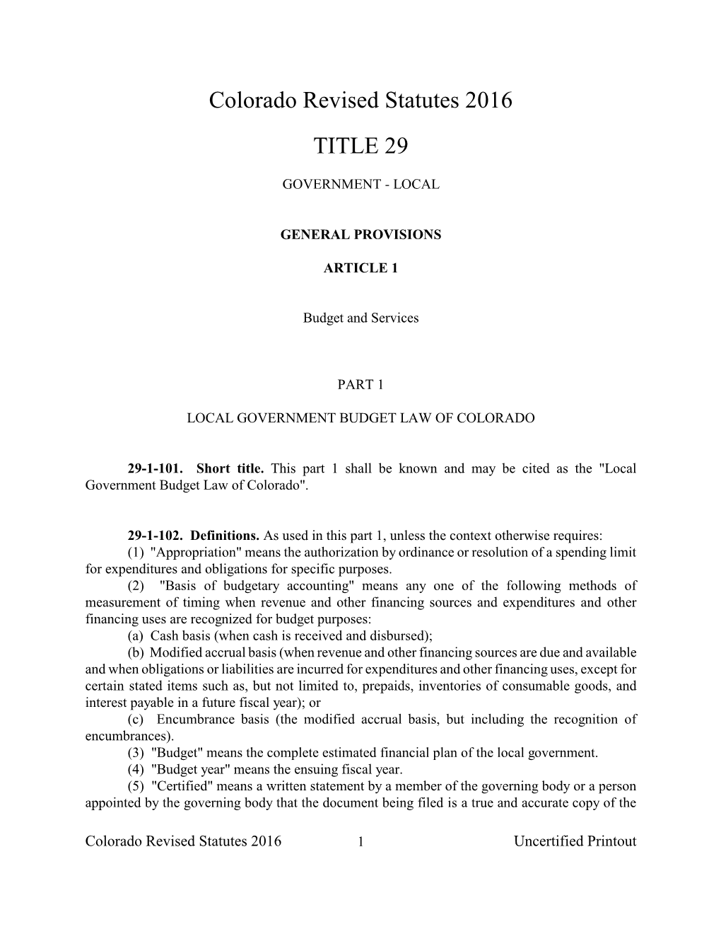 Colorado Revised Statutes 2016 TITLE 29