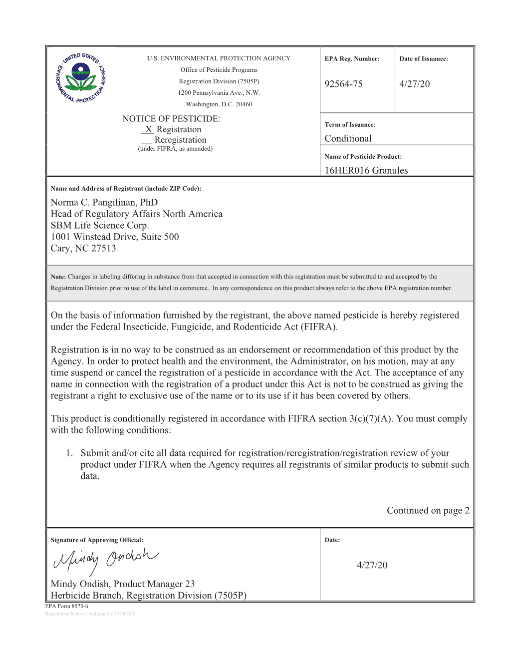 US EPA, Pesticide Product Label, 16HER016 Granules,04/27/2020