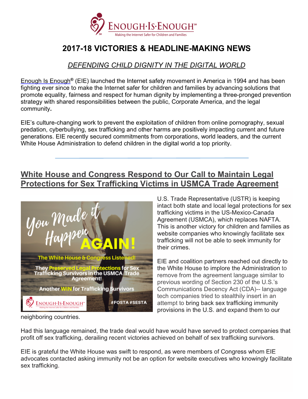 2017-18 VICTORIES & HEADLINE-MAKING NEWS White