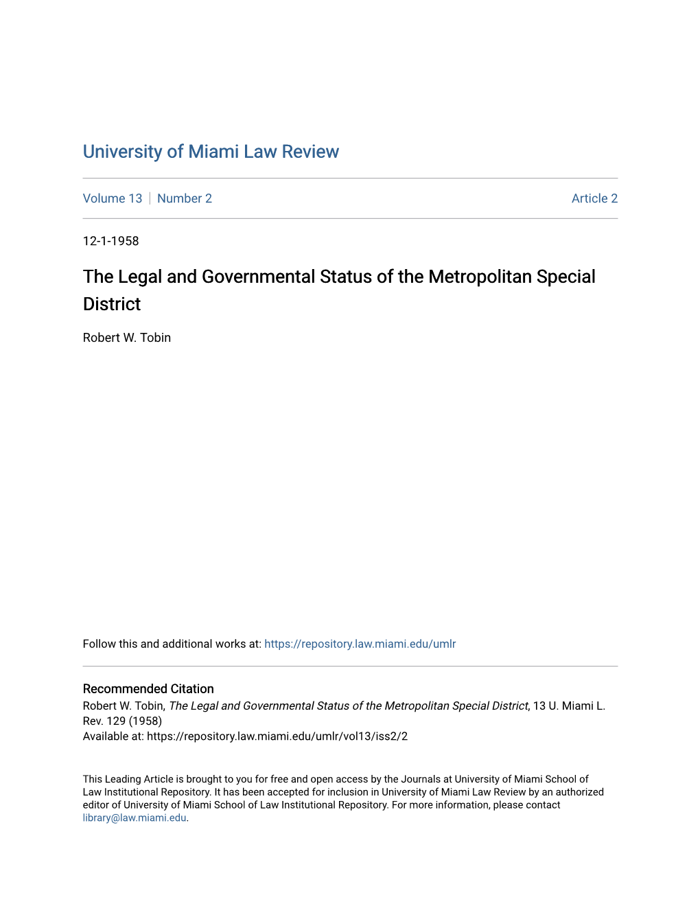 The Legal and Governmental Status of the Metropolitan Special District