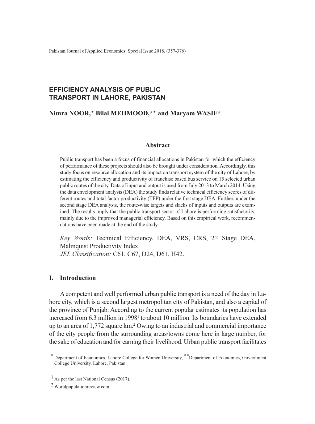 Efficiency Analysis of Public Transport in Lahore, Pakistan