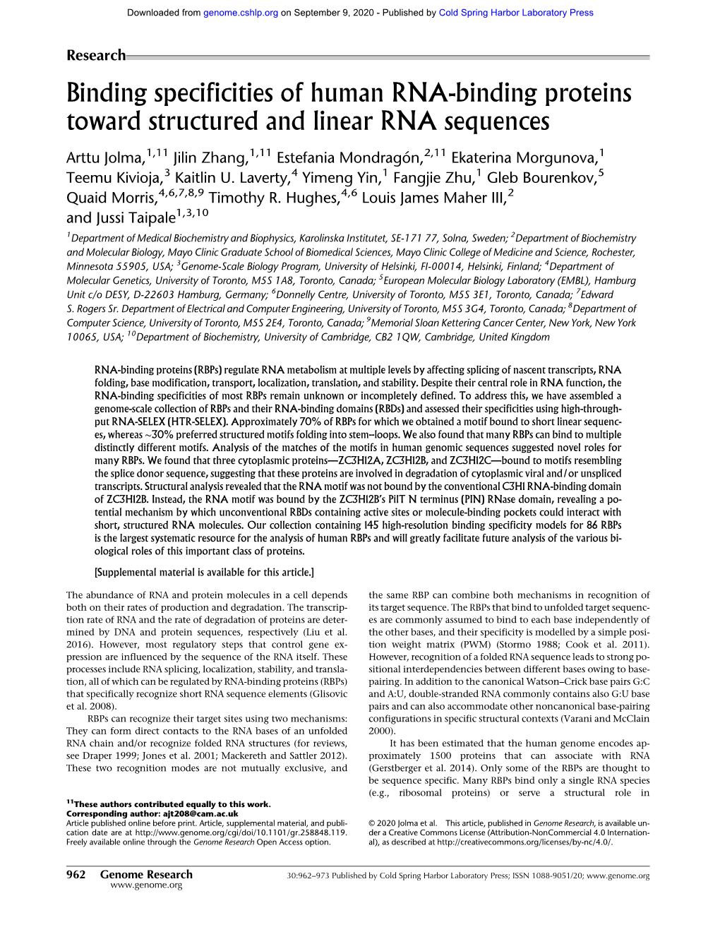 Binding Specificities of Human RNA-Binding Proteins Toward Structured and Linear RNA Sequences