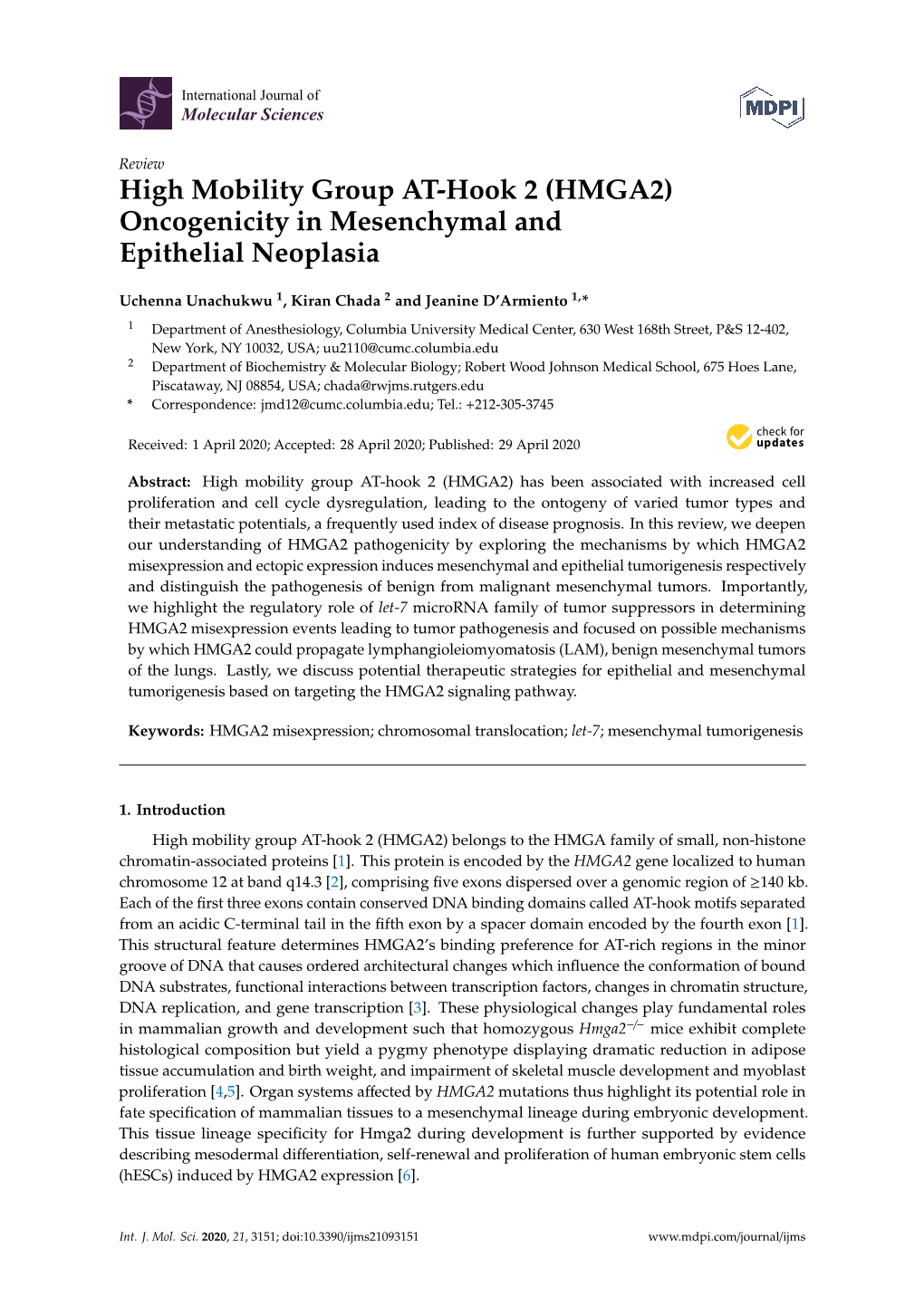 (HMGA2) Oncogenicity in Mesenchymal and Epithelial Neoplasia