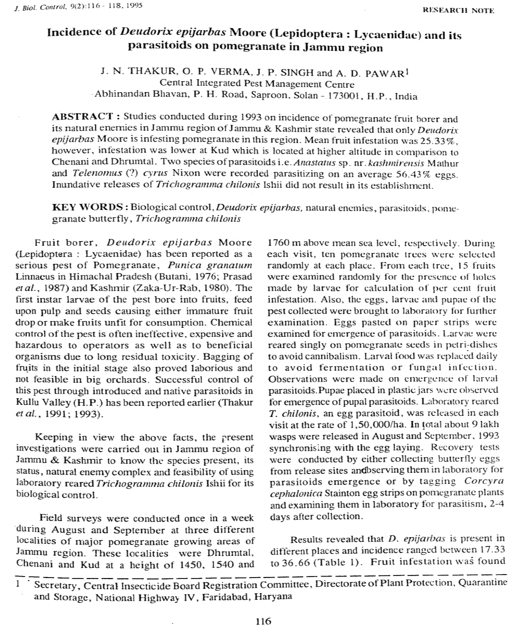 Incidence of Deudorix Epijarbas Moore (Lepidoptera: Lycaenidae) and Its Parasitoids on Pomegranate in Jammu Region