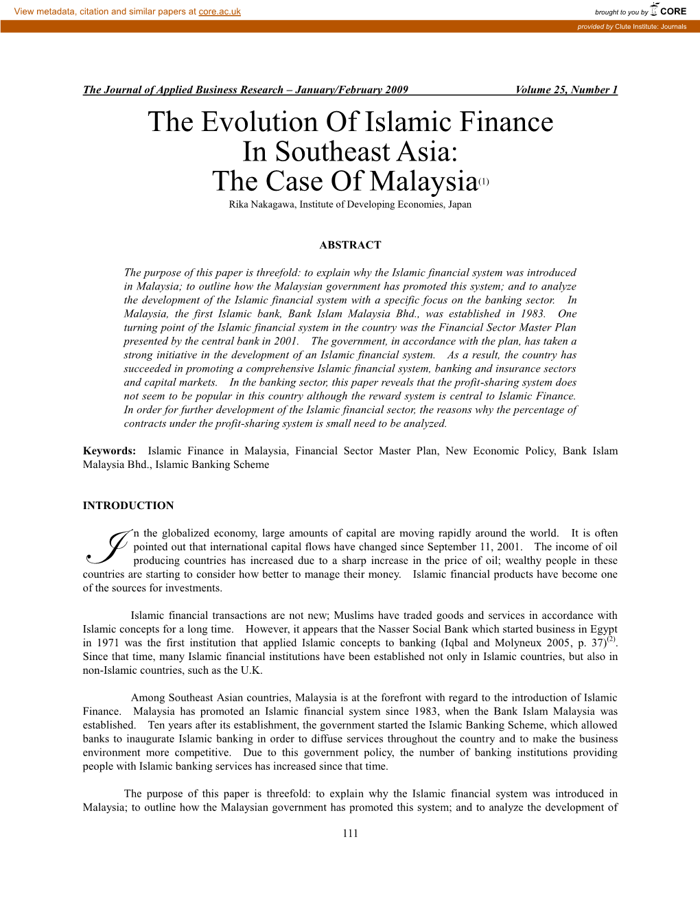 Evolution of the Islamic Banking and Finance System in Malaysia