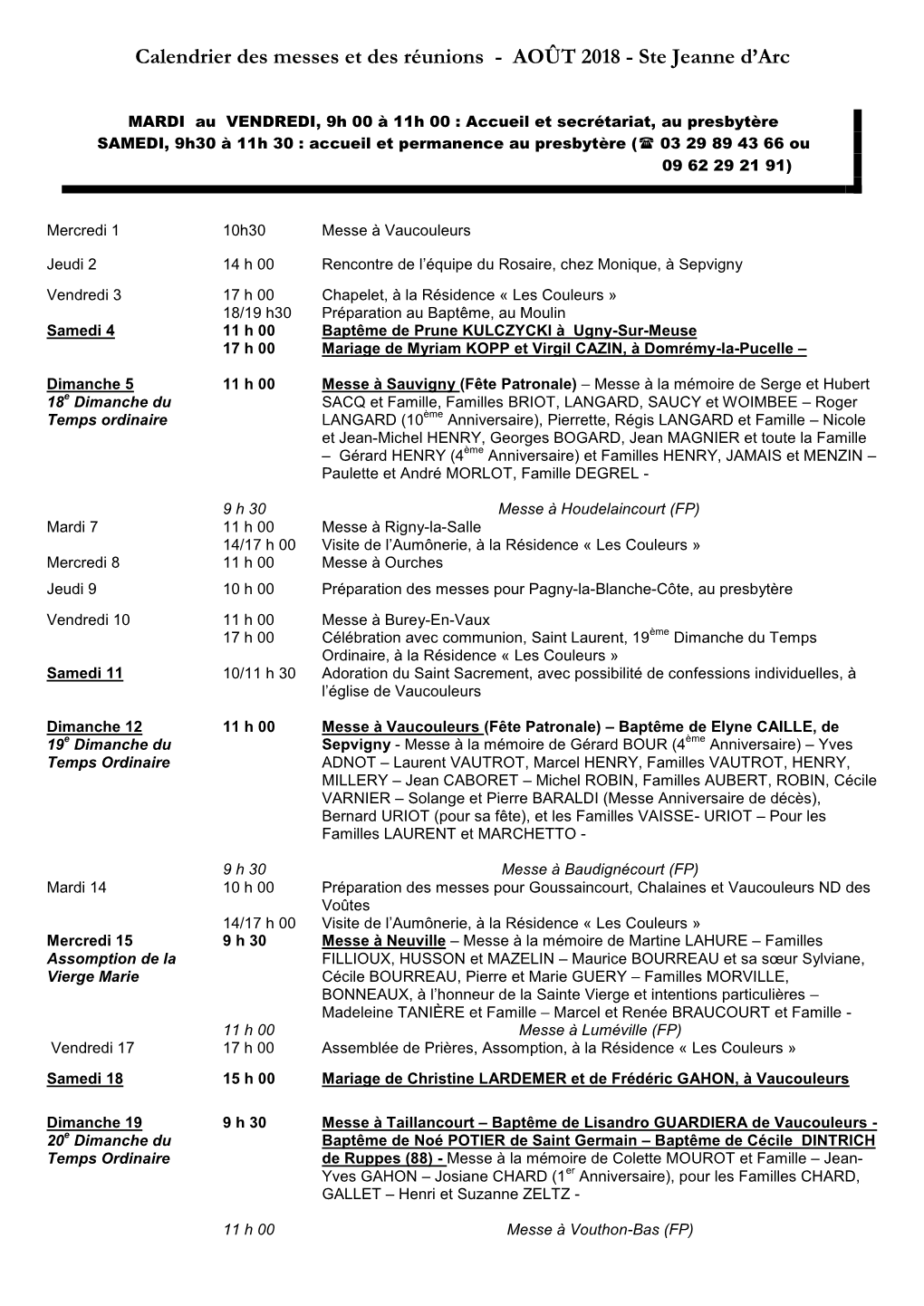 Calendrier Des Messes Et Des Réunions - AOÛT 2018 - Ste Jeanne D’Arc