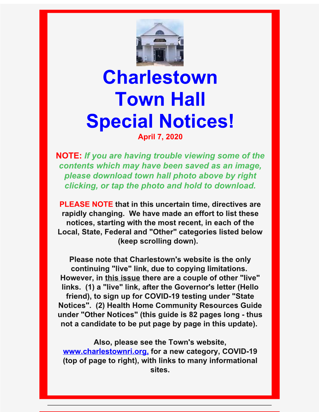 Charlestown Town Hall Special Notices! April 7, 2020