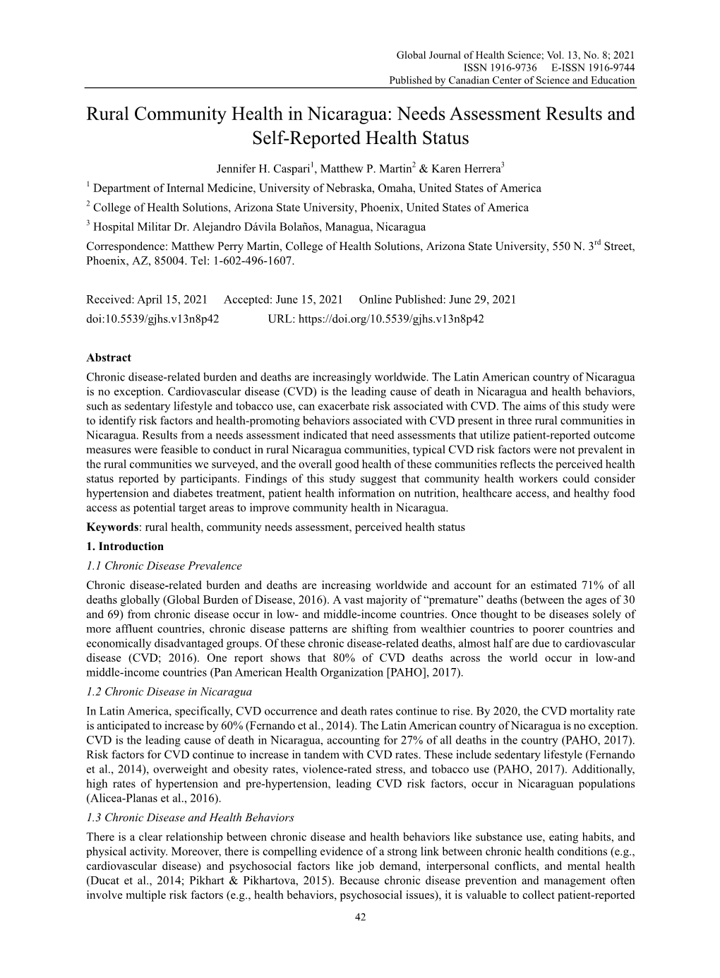 Rural Community Health in Nicaragua: Needs Assessment Results and Self-Reported Health Status