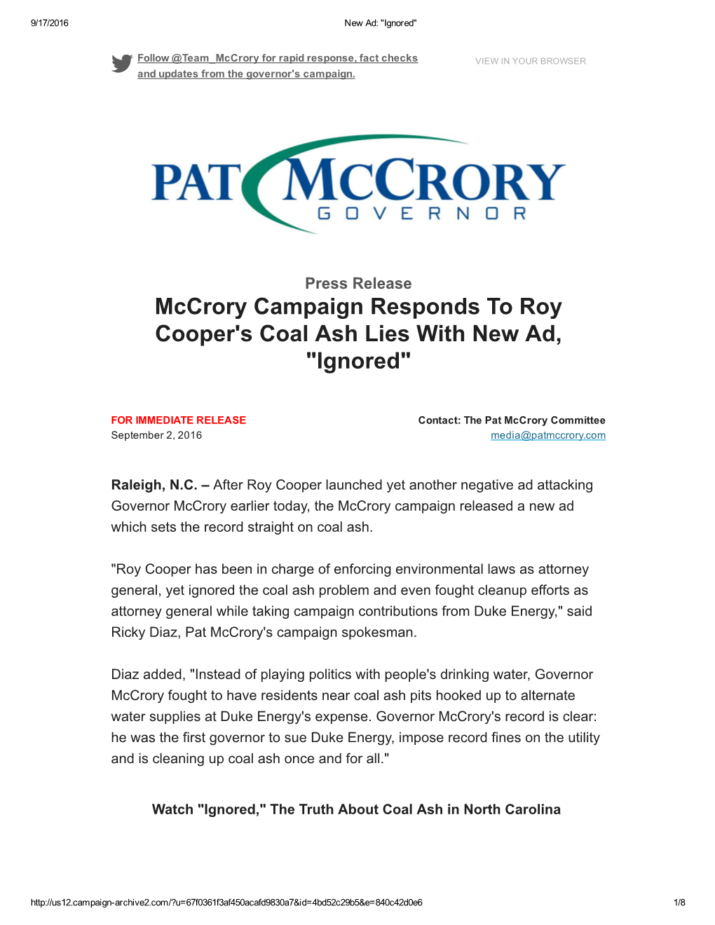 Mccrory Campaign Responds to Roy Cooper's Coal Ash Lies with New Ad, "Ignored"