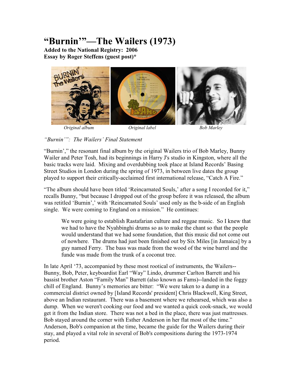 Burnin’”—The Wailers (1973) Added to the National Registry: 2006 Essay by Roger Steffens (Guest Post)*