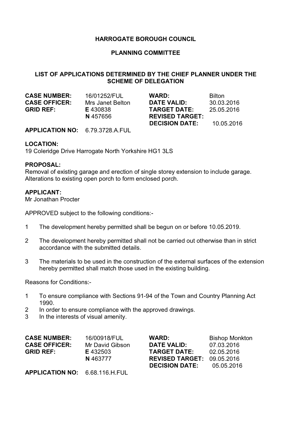 Harrogate Borough Council Planning Committee List Of