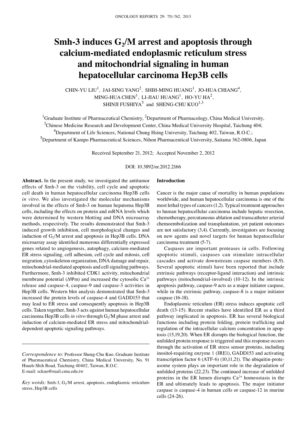 Smh-3 Induces G2/M Arrest and Apoptosis Through Calcium