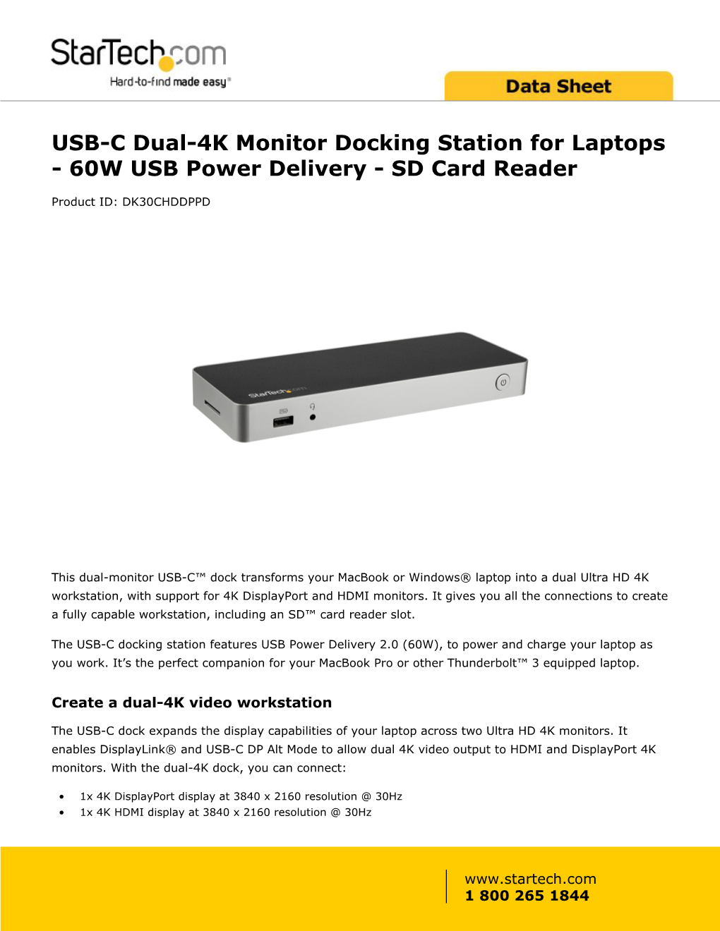 USB-C Dual-4K Monitor Docking Station for Laptops - 60W USB Power Delivery - SD Card Reader