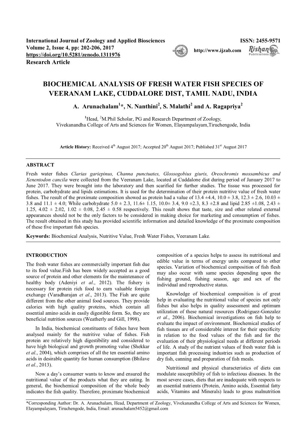 Biochemical Analysis of Fresh Water Fish Species of Veeranam Lake, Cuddalore Dist, Tamil Nadu, India