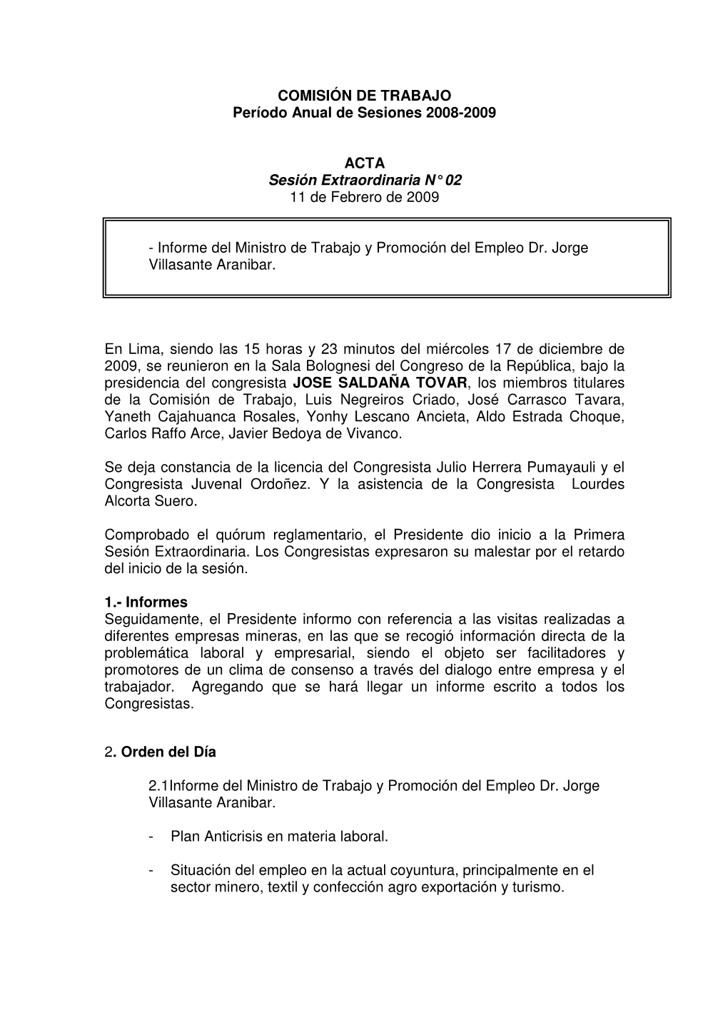 COMISIÓN DE TRABAJO Período Anual De Sesiones 2008-2009