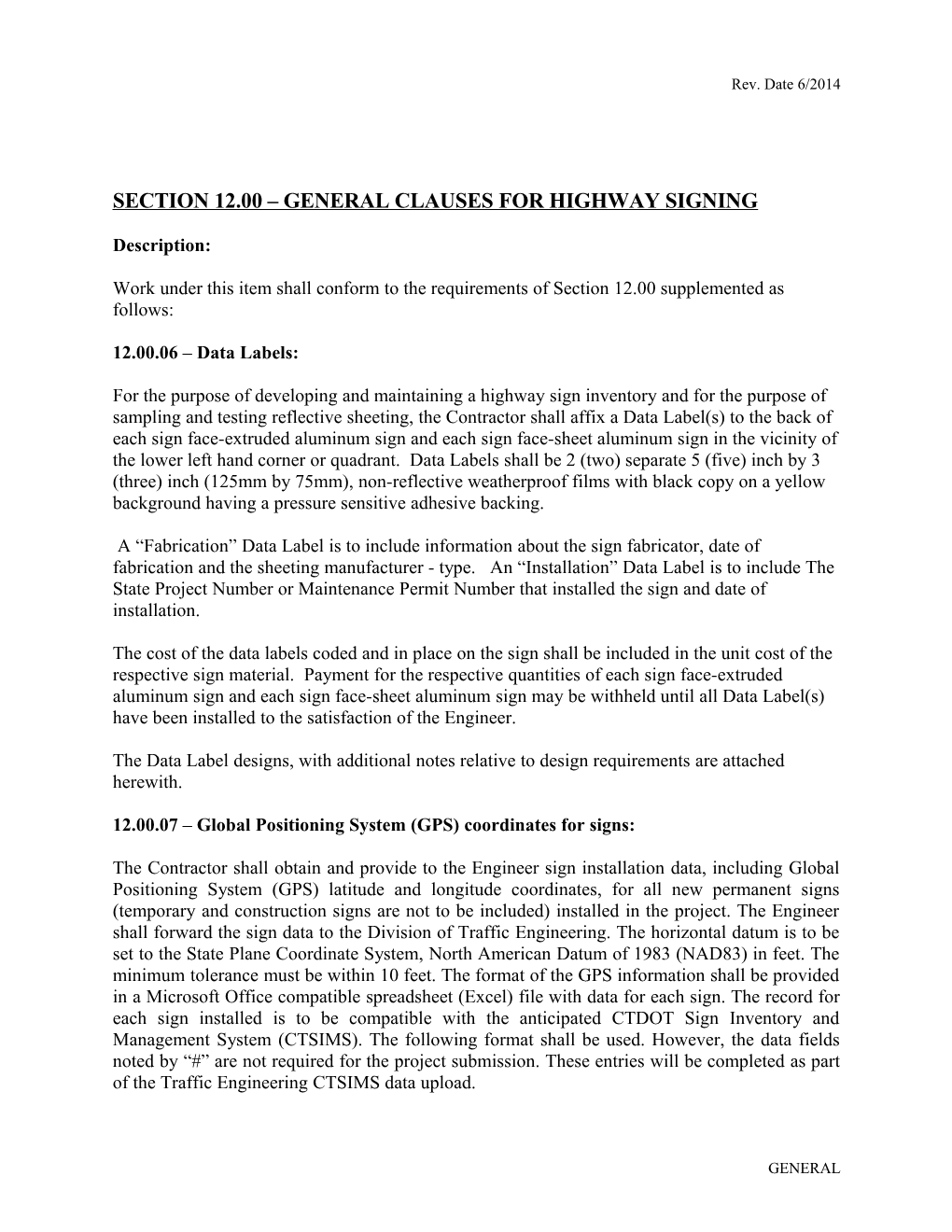 Section 12.00 General Clauses for Highway Signing