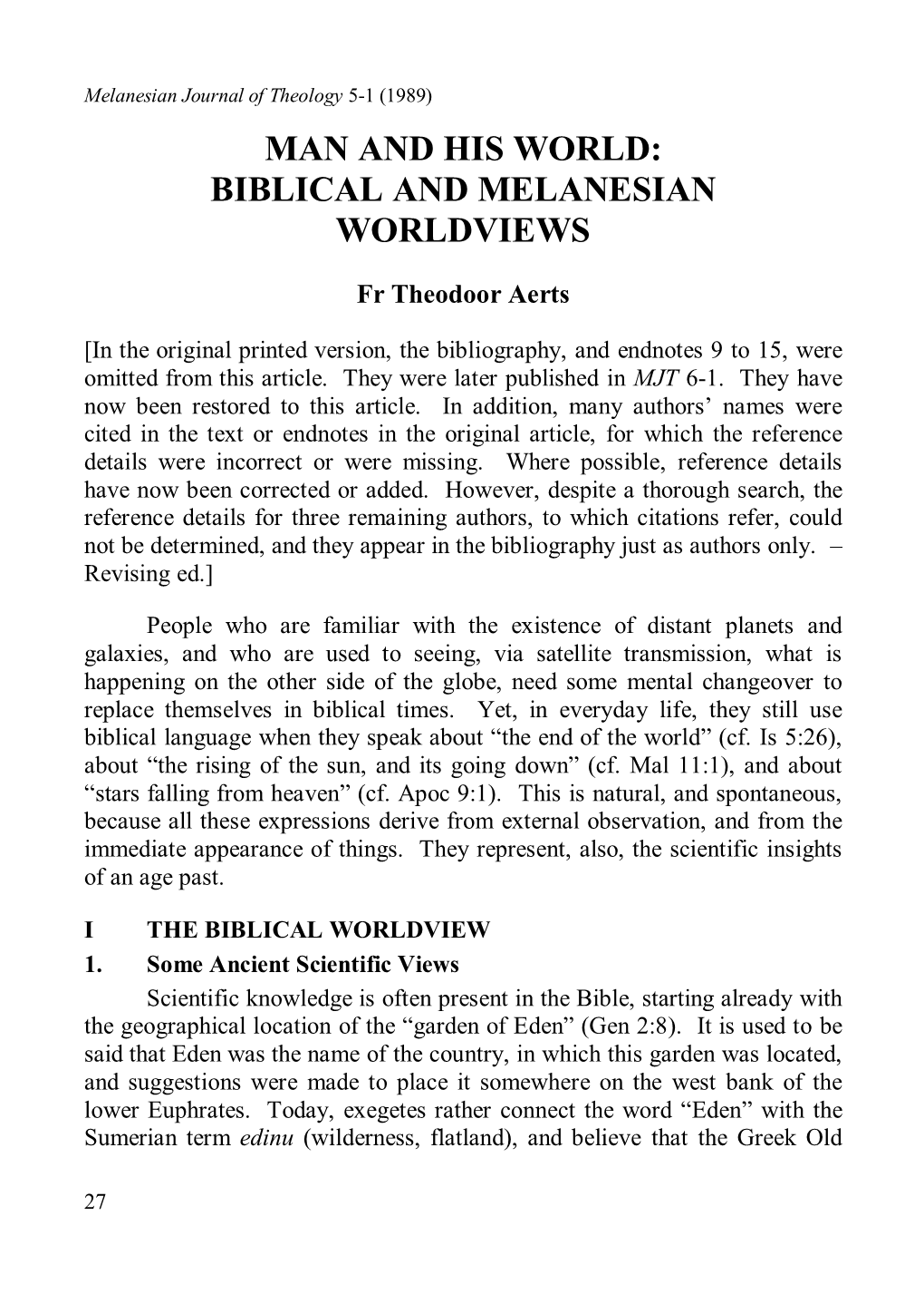 Man and His World: Biblical and Melanesian Worldviews