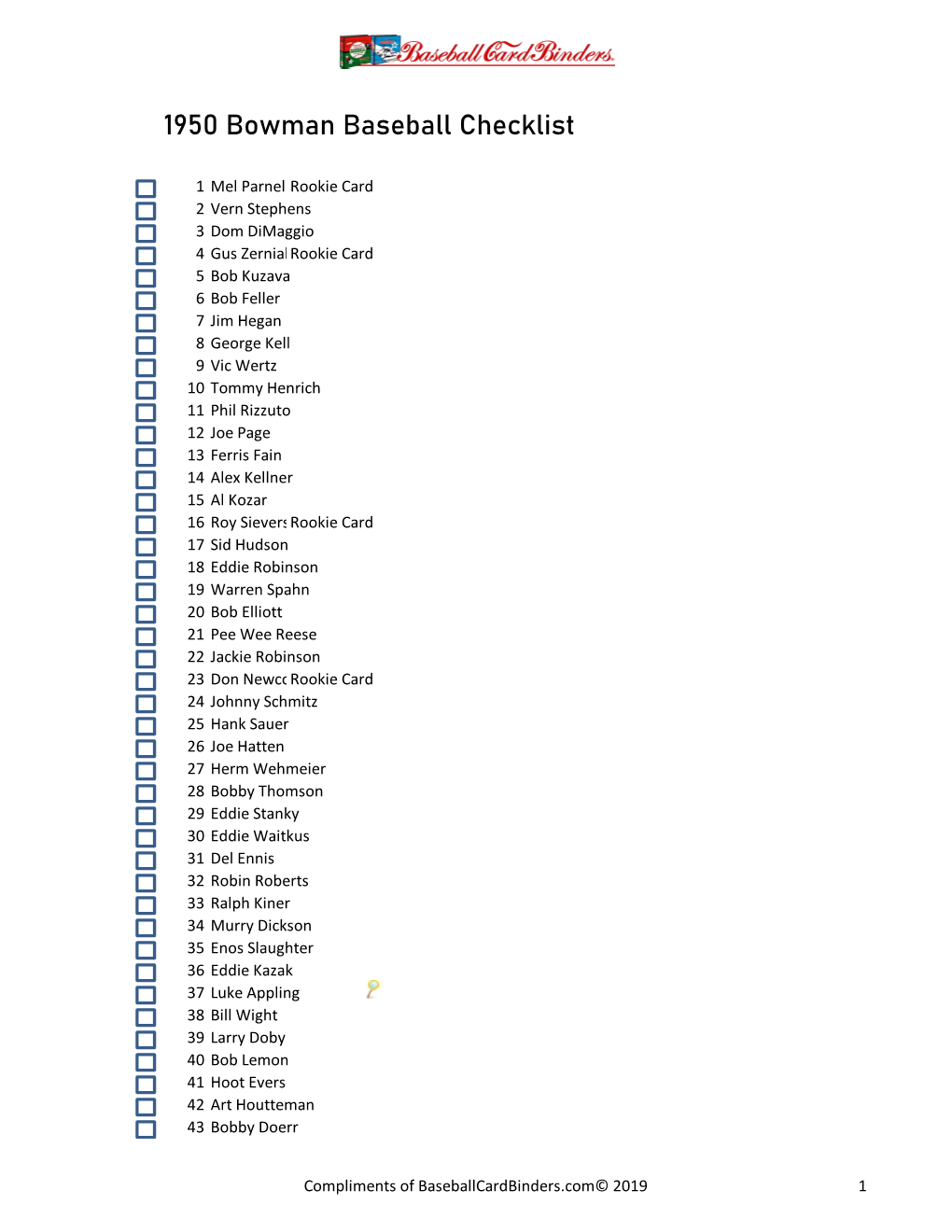 1950 Bowman Baseball Checklist