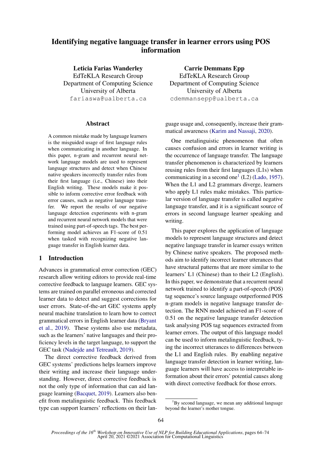 Identifying Negative Language Transfer in Learner Errors Using POS Information