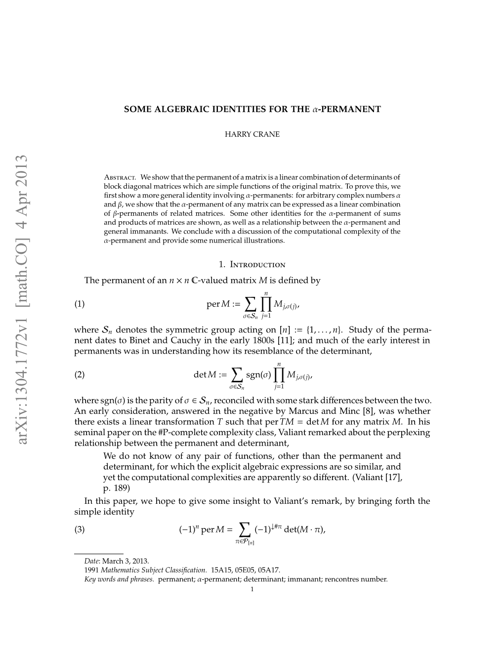 Some Algebraic Identities for the Alpha-Permanent