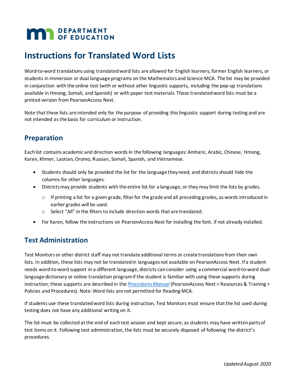 Instructions for Translated Word Lists