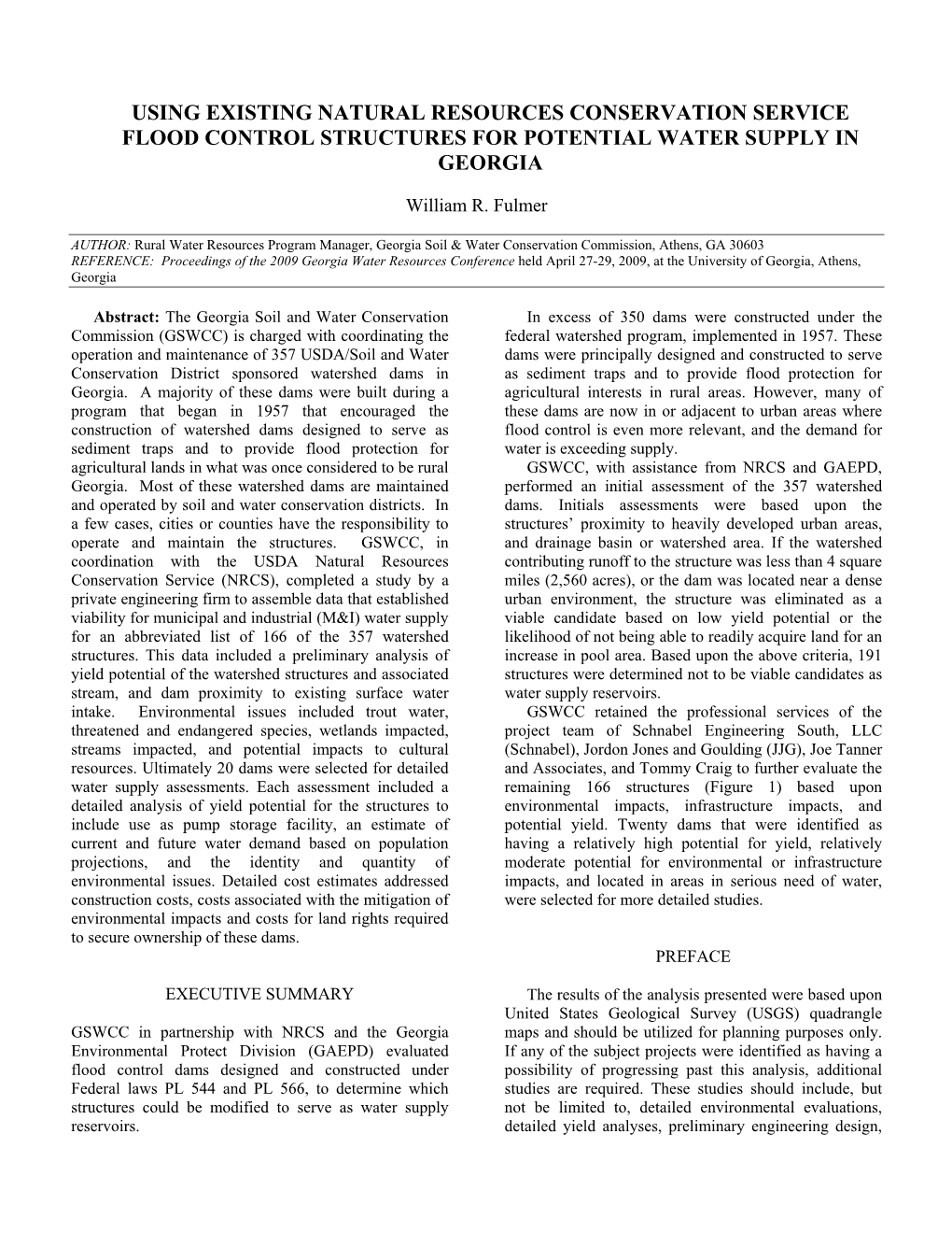 Using Existing Natural Resources Conservation Service Flood Control Structures for Potential Water Supply in Georgia