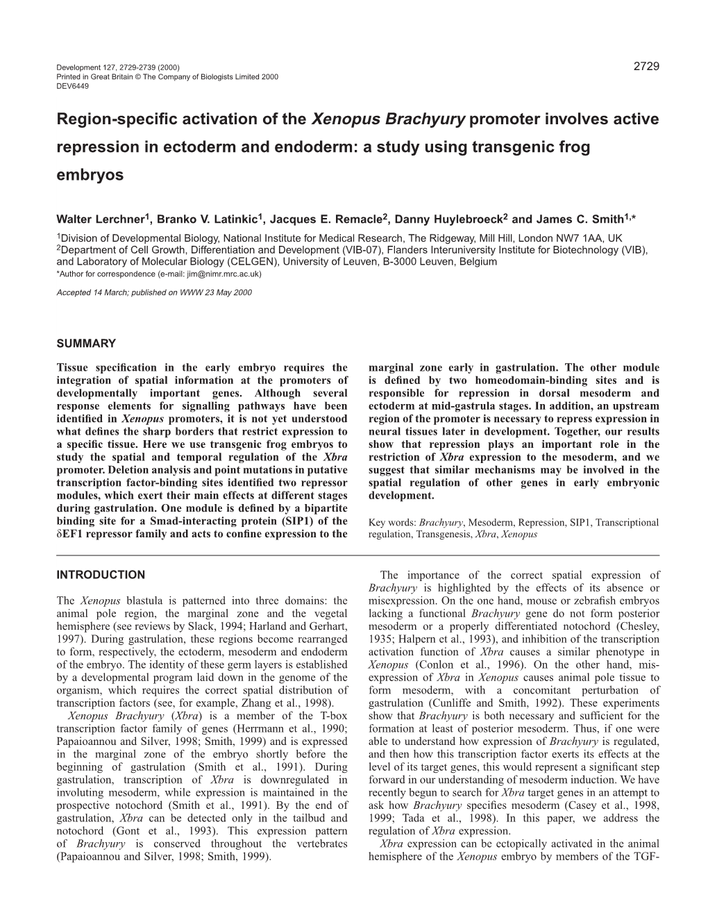 Regulation of Xenopus Brachyury by Repression 2731 Reporter Was Released by Additional Digestion with Saci