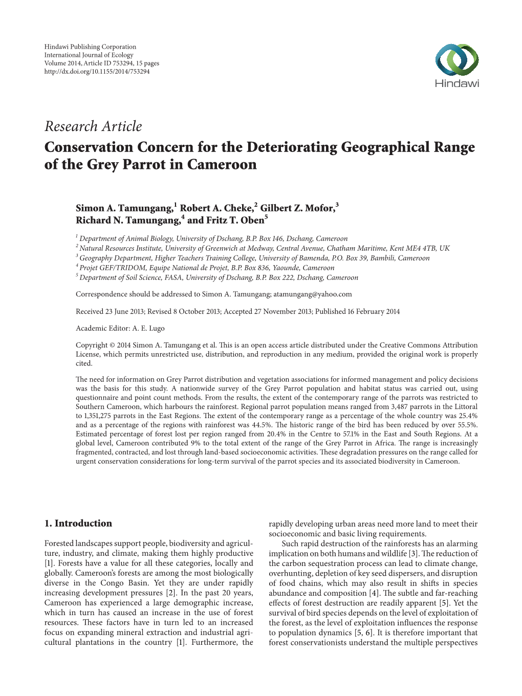 Conservation Concern for the Deteriorating Geographical Range of the Grey Parrot in Cameroon