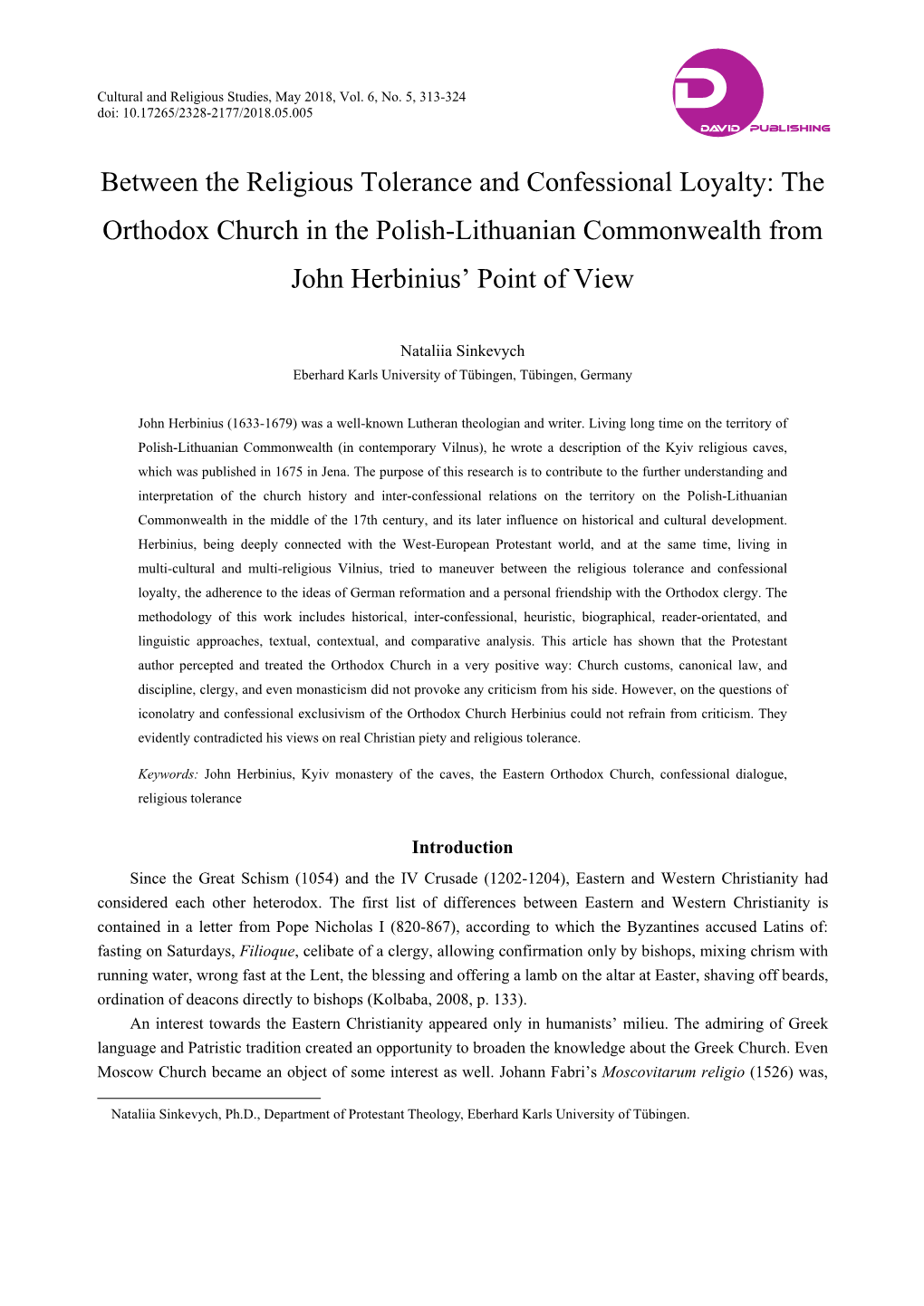 Between the Religious Tolerance and Confessional Loyalty: the Orthodox Church in the Polish-Lithuanian Commonwealth from John Herbinius’ Point of View